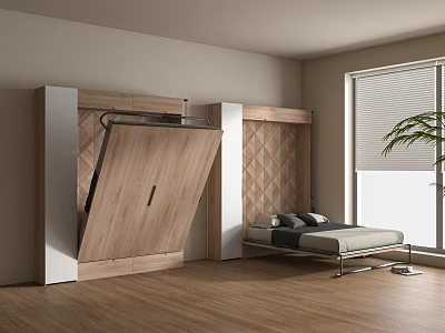 Foldable Wooden Wall Bed Interior Design With Floor Window Blinds And Plant 3d model