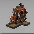 Cartoon Style Small Building with Red Tiled Roof Wooden Frame Small Windows and Chimney