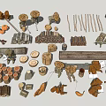 Various Stone and Wood Materials Including Logs Planks and Decorative Blocks 3d model