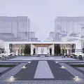 Modern Sales Office Building With Wooden Structure White Facade And Water Feature Entrance