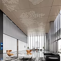 Modern Lobby Reception Area With Black Front Desk Large Windows And Wooden Perforated Ceiling