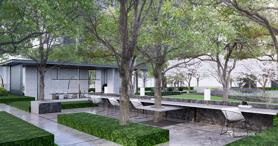 Modern Garden Landscape Featuring Lush Trees Trimmed Hedges Stone Paved Ground And Outdoor Seating 3d model 