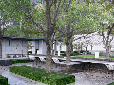 Modern Garden Landscape Featuring Lush Trees Trimmed Hedges Stone Paved Ground And Outdoor Seating 3d model