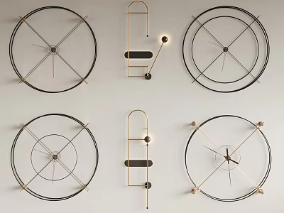 Modern Minimalist Wall Clocks With Six Different Round And Geometric Black Gold Metal Frames 3d model