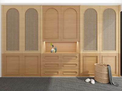 Wooden Wardrobe Interior With Lattice Panels Storage Drawers And Storage Basket Slippers 3d model