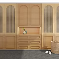 Wooden Wardrobe Interior With Lattice Panels Storage Drawers And Storage Basket Slippers