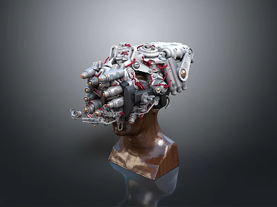 Futuristic Mechanical Head Weapon with Multiple Metallic Barrels Red Wiring and Brown Base 3d model