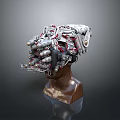 Futuristic Mechanical Head Weapon with Multiple Metallic Barrels Red Wiring and Brown Base