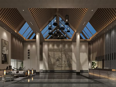 Elegant Hotel Lobby Interior With Wooden Ceiling Skylights Chandeliers Mural And Reception Desk 3d model