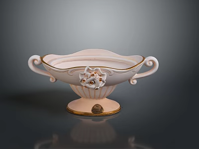 Elegant White Ceramic Bowl With Gold Accents Two Curved Handles And Floral Design Base 3d model
