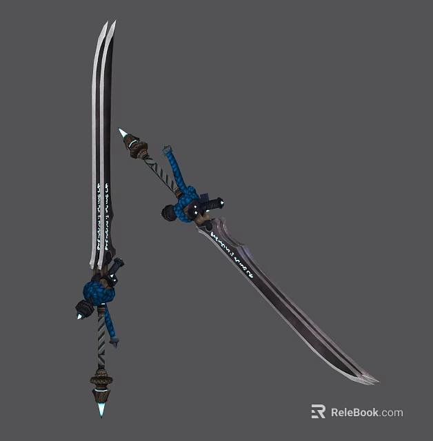 Two Decorative Blades With Blue Black Components And Mechanical Design Details 3d model
