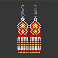 Handmade Beaded Earrings With Red Yellow White Geometric Pattern Fringed Design And Silver Hooks