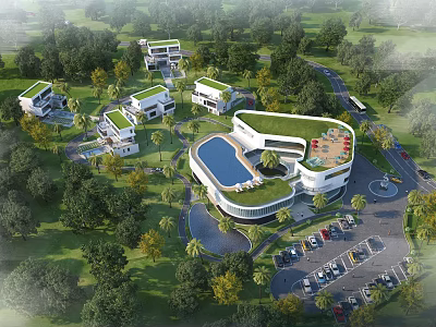 Aerial View Planning of Modern Buildings With Green Roofs Swimming Pool Parking Lot and Greenery 3d model