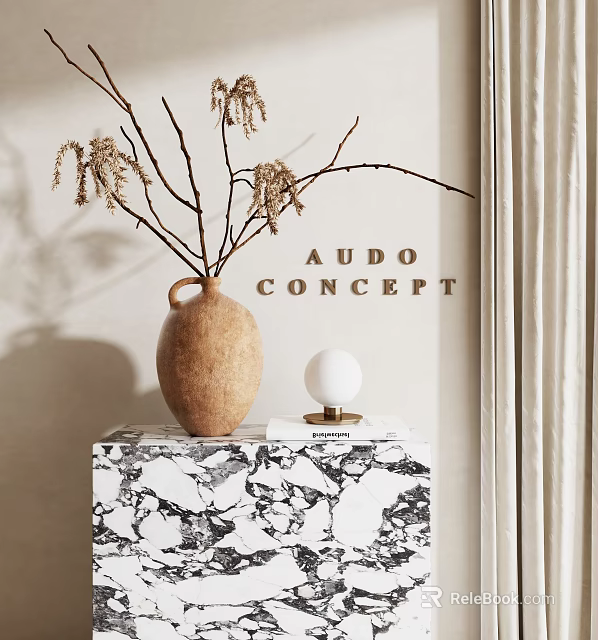 Terracotta Vase With Dried Flowers On Marble Countertop With Stacked Books And Sphere Lamp 3d model 