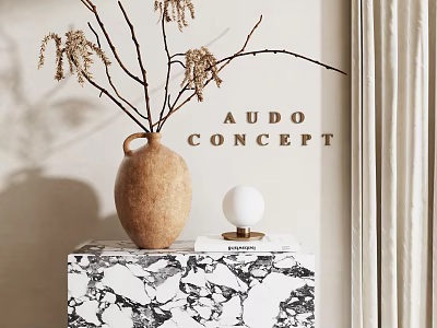 Terracotta Vase With Dried Flowers On Marble Countertop With Stacked Books And Sphere Lamp 3d model