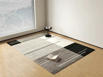 Square Area Rug with Geometric Gray White Black Pattern on Wooden Floor and Open Book 3d model