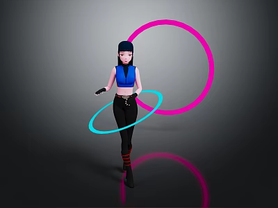Woman Spinning Pink And Blue Hula Hoops In Dark Background 3d model