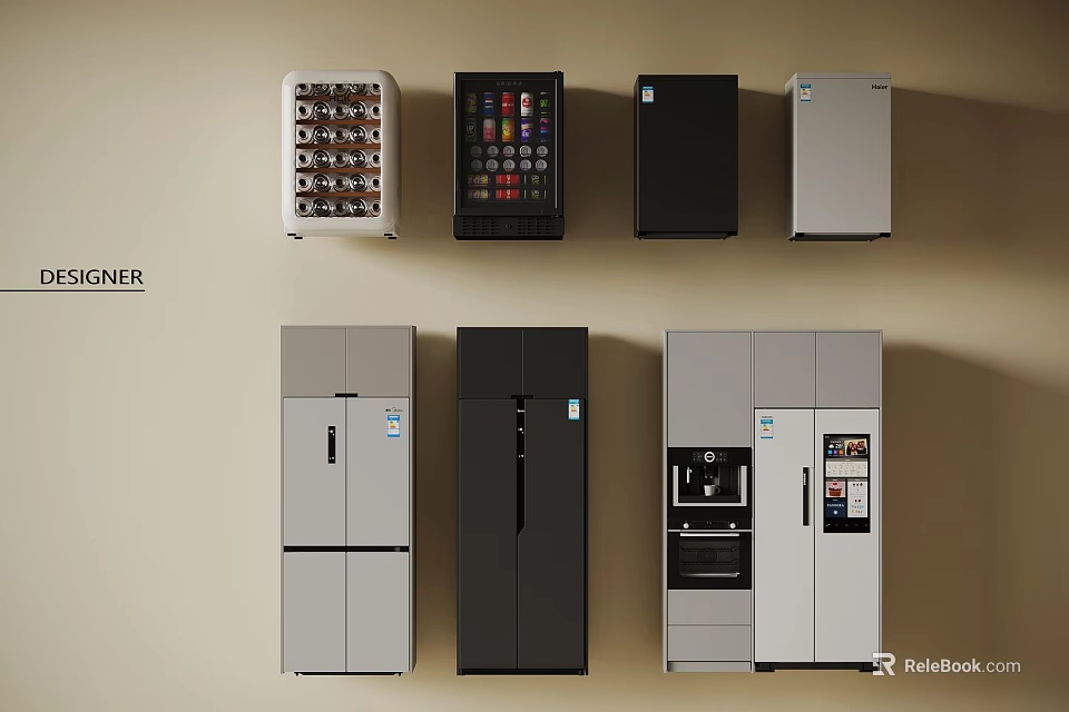 Modern Refrigerators And Freezers With Various Door Designs And Color Options 3d model 