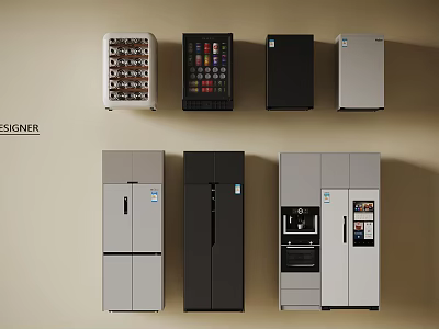 Modern Refrigerators And Freezers With Various Door Designs And Color Options 3d model