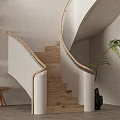 Spiral Staircase With Wooden Steps And Light Railings Near Potted Plant Light Wall And Bench