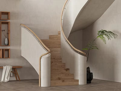 Spiral Staircase With Wooden Steps And Light Railings Near Potted Plant Light Wall And Bench 3d model