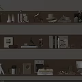 Modern Decorative Accessories Set on Wooden Shelves with Books Vase Sculptures and Photo Frames