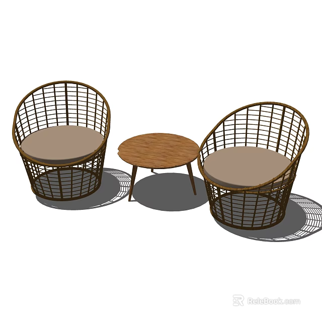 Rattan Casual Sofa Set with Two Round Chairs Wooden Coffee Table and Light Brown Cushions 3d model 