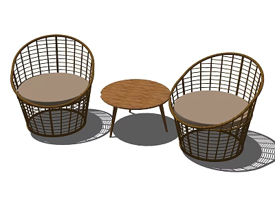 Rattan Casual Sofa Set with Two Round Chairs Wooden Coffee Table and Light Brown Cushions 3d model