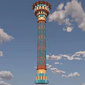 Ornate Decorative Column With Blue Orange Patterns Against Green Field And Cloudy Sky 3d model
