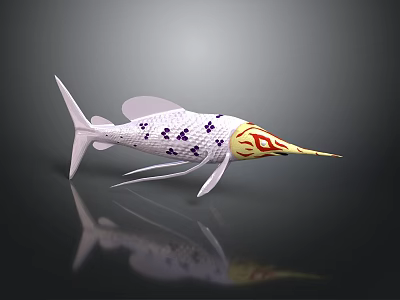 Unique Ornamental Fish With White Body Purple Patterns Yellow Head Red Flame Design 3d model