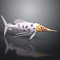 Unique Ornamental Fish With White Body Purple Patterns Yellow Head Red Flame Design