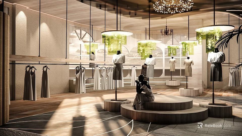 Modern Clothing Store Interior With Wooden Displays Mannequins Hanging Clothes And Green Plants 3d model 