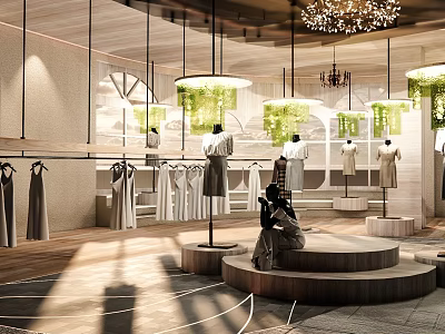 Modern Clothing Store Interior With Wooden Displays Mannequins Hanging Clothes And Green Plants 3d model