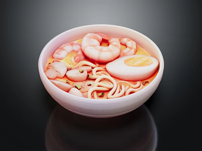 Tasty Bowl of Noodle Soup with Shrimp Soft Boiled Egg and Fresh Ingredients 3d model