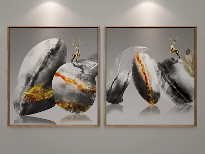 Modern Decorative Paintings With Stones Golden Deer And Feathers In Frames 3d model