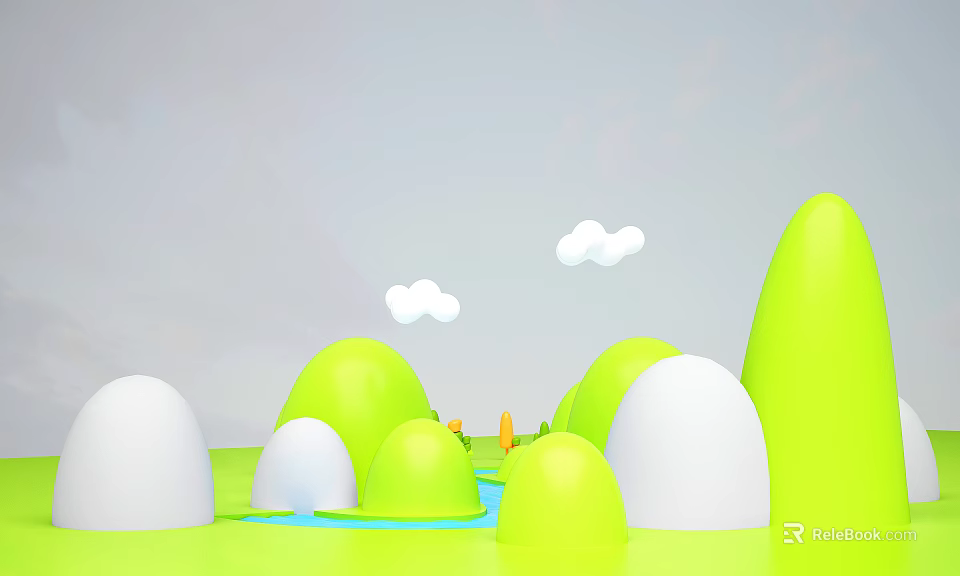Cartoon Scene Featuring Green Hills White Clouds Blue Stream And Dome Shapes 3d model 