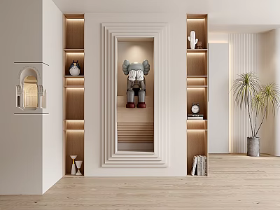 Modern Entryway Interior With Large Mirror Wooden Shelves Elephant Decor And Potted Plant 3d model