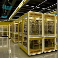 Indoor Playground Snack Area With Yellow Interior Glass Display Cabinets And Counter