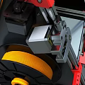 Red 3D Printer With Metal Frame Yellow Filament Spool And Display Screen As Office Appliance