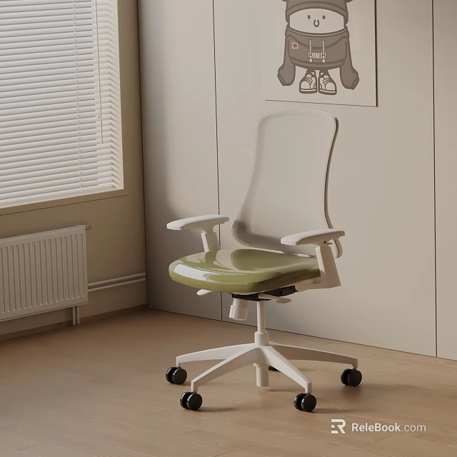 Modern Office Chair with White Frame Green Seat Armrests and Wheels in Bright Interior 3d model 