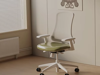 Modern Office Chair with White Frame Green Seat Armrests and Wheels in Bright Interior 3d model