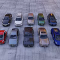 Multiple Cars of Various Colors and Different Models Neatly Arranged on Gray Ground