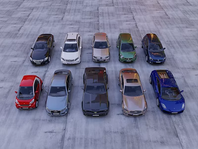 Multiple Cars of Various Colors and Different Models Neatly Arranged on Gray Ground 3d model