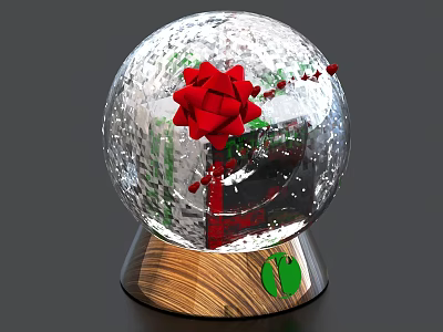 Decorative Ornament Set With Crystal Ball Red Bow Wooden Base And Green Accents 3d model