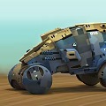 Blue Sci Fi Car With Futuristic Design Flame Details And Large Wheels