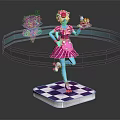 Crowned Blue Skinned Dessert Character With Pink Cat Like Creature Holding Tray On Checkered Base