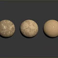 Three Spherical Stone Objects With Rough Texture On Light Brown Wood Surface And Reflections
