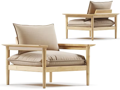 Modern Light Wooden Frame Lounge Chair With Beige Upholstered Cushion And Armrest 3d model