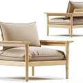 Modern Light Wooden Frame Lounge Chair With Beige Upholstered Cushion And Armrest