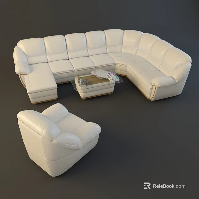 White Leather L Shaped Sofa and Glass Top Coffee Table Set in Modern Living Room 3d model 